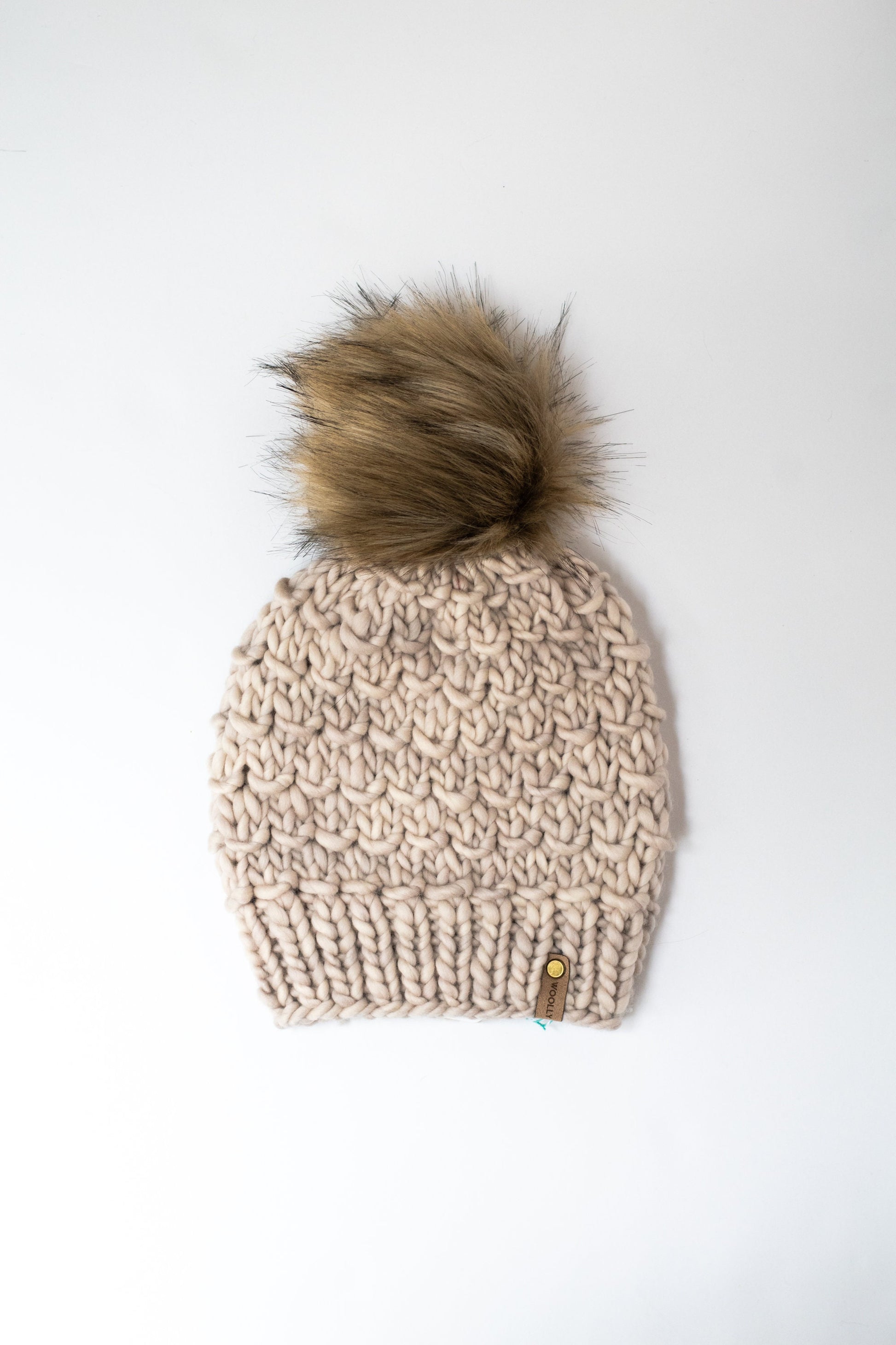 Beige Hand Knit Merino Wool Hat with Pom Pom