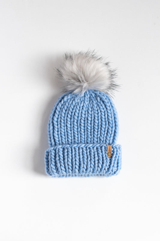 Icy Blue Peruvian Wool Ribbed Knit Hat with Pom Pom and Folded Brim, Luxury Chunky Knit Beanie, Ethically Sourced Wool Hat, Hand Knit Hat