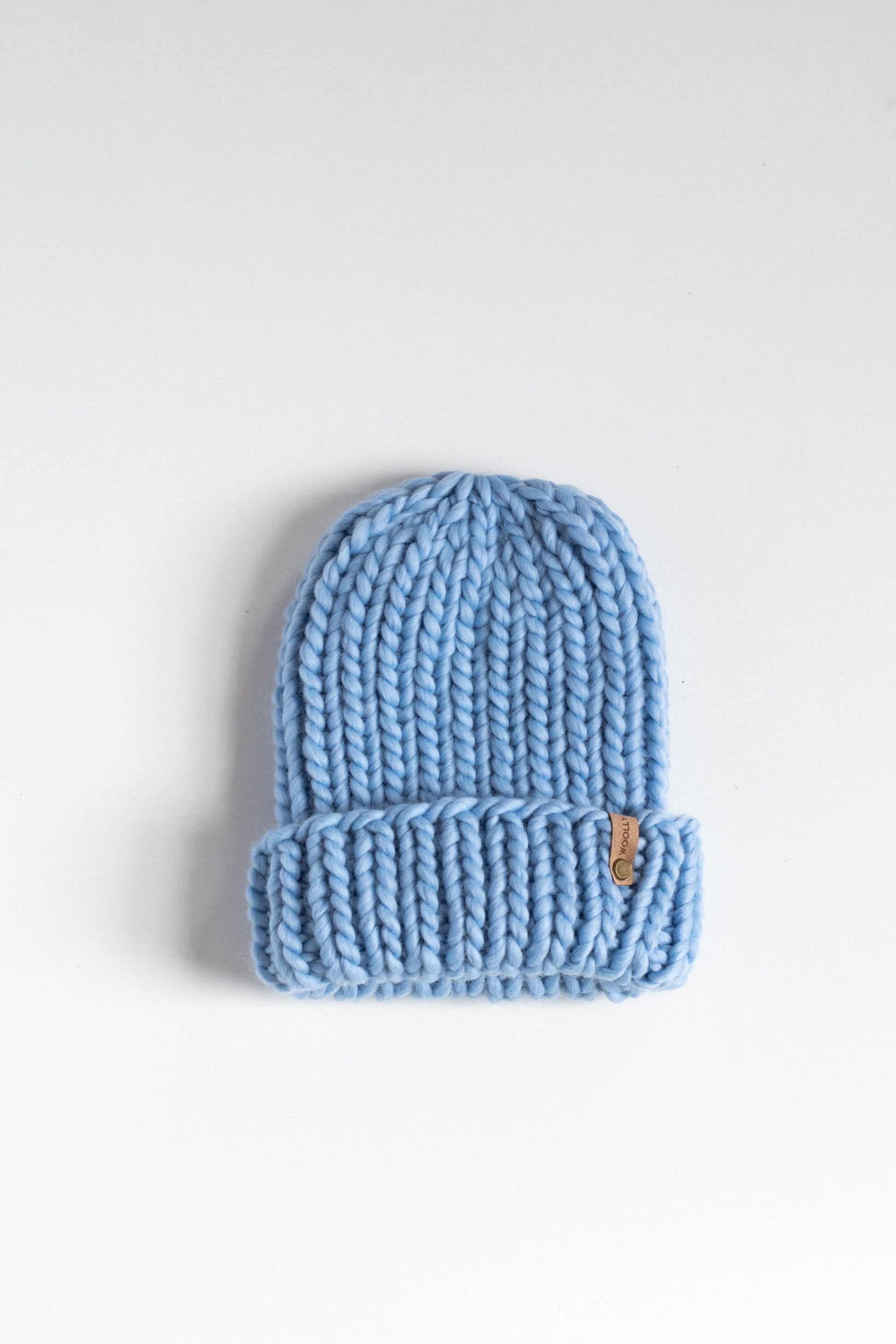 Icy Blue Peruvian Wool Ribbed Knit Hat with Pom Pom and Folded Brim, Luxury Chunky Knit Beanie, Ethically Sourced Wool Hat, Hand Knit Hat