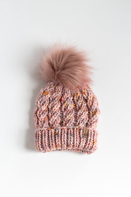 Pink Merino Wool Knit Hat with Faux Fur Pom Pom, Adult Chunky Knit Pom Pom Beanie, Ethically Sourced Wool Hat, Spinnaker Beanie
