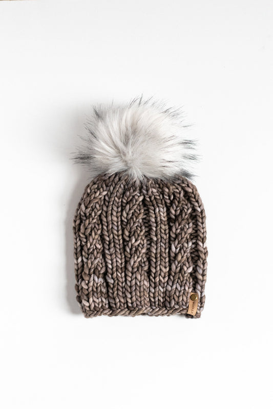 Gray Merino Wool Knit Hat with Faux Fur Pom Pom, Adult Chunky Knit Pom Pom Beanie, Ethically Sourced Wool Hat, Hand Knit Hat