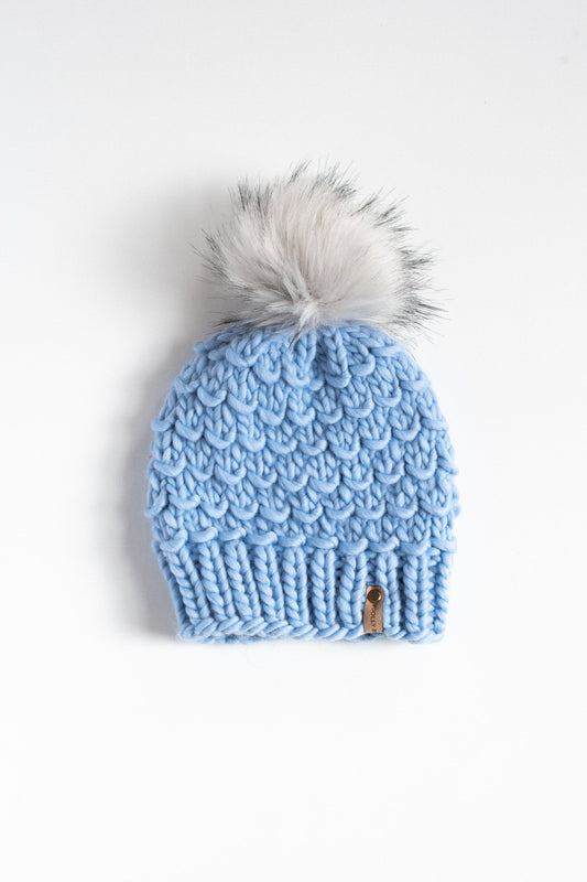 Icy Blue Peruvian Wool Knit Hat with Faux Fur Pom Pom, Luxury Chunky Knit Pom Pom Beanie, Ethically Sourced Wool Hat, Hand Knit Hat
