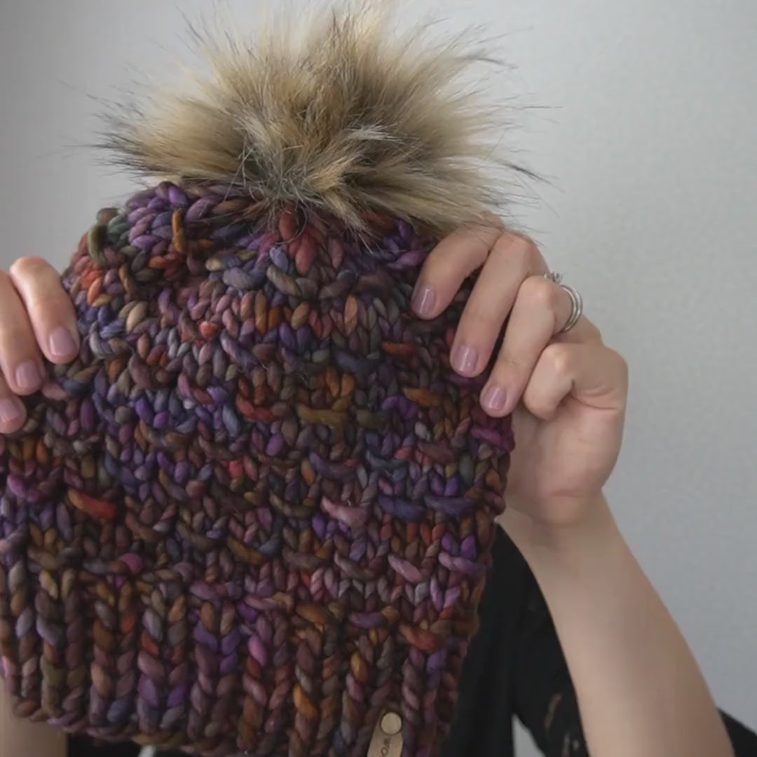 Hand knit merino wool outlets beanie hat with extra large faux fur pom gray burgundy gold women teen