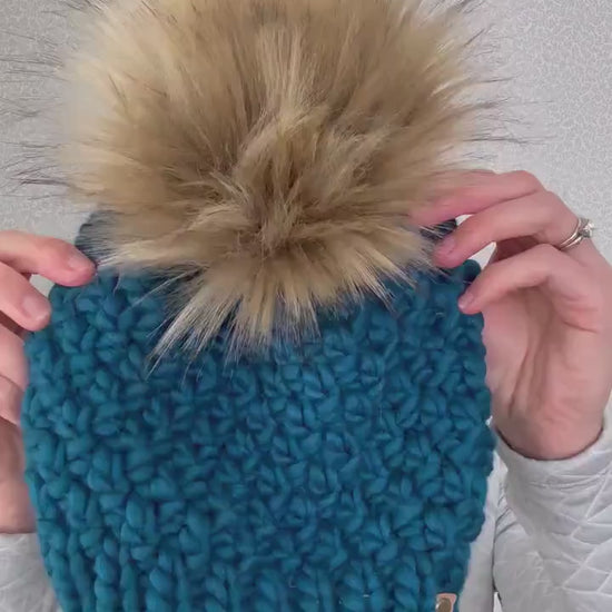 Rainbow Merino Wool Knit Hat with Faux Fur Pom Pom, Adult Chunky Knit Pom Pom Beanie, Ethically Sourced Wool Hat, Hand Knit Hat