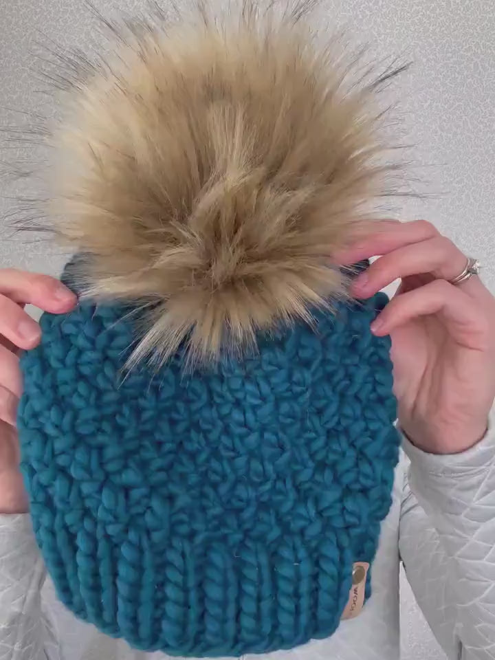 Rainbow Merino Wool Knit Hat with Faux Fur Pom Pom, Adult Chunky Knit Pom Pom Beanie, Ethically Sourced Wool Hat, Hand Knit Hat