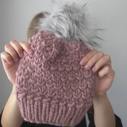 Ivory Peruvian Wool Knit Hat with Faux Fur Pom Pom