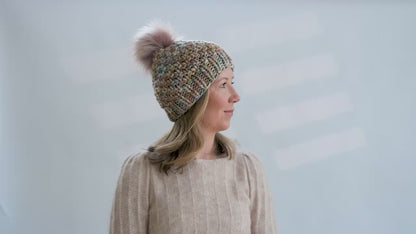 Blush Pink, Blue, & Brown Merino Wool Knit Hat with Faux Fur Pom Pom - Hand-Dyed Yarn