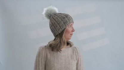 Brown Multi-Color Merino Wool Ribbed Knit Hat with Faux Fur Pom Pom