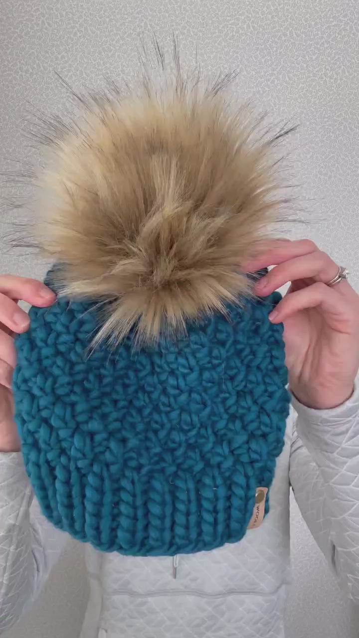 Turquoise Green Merino Wool Knit Hat with Faux Fur Pom Pom - Hand