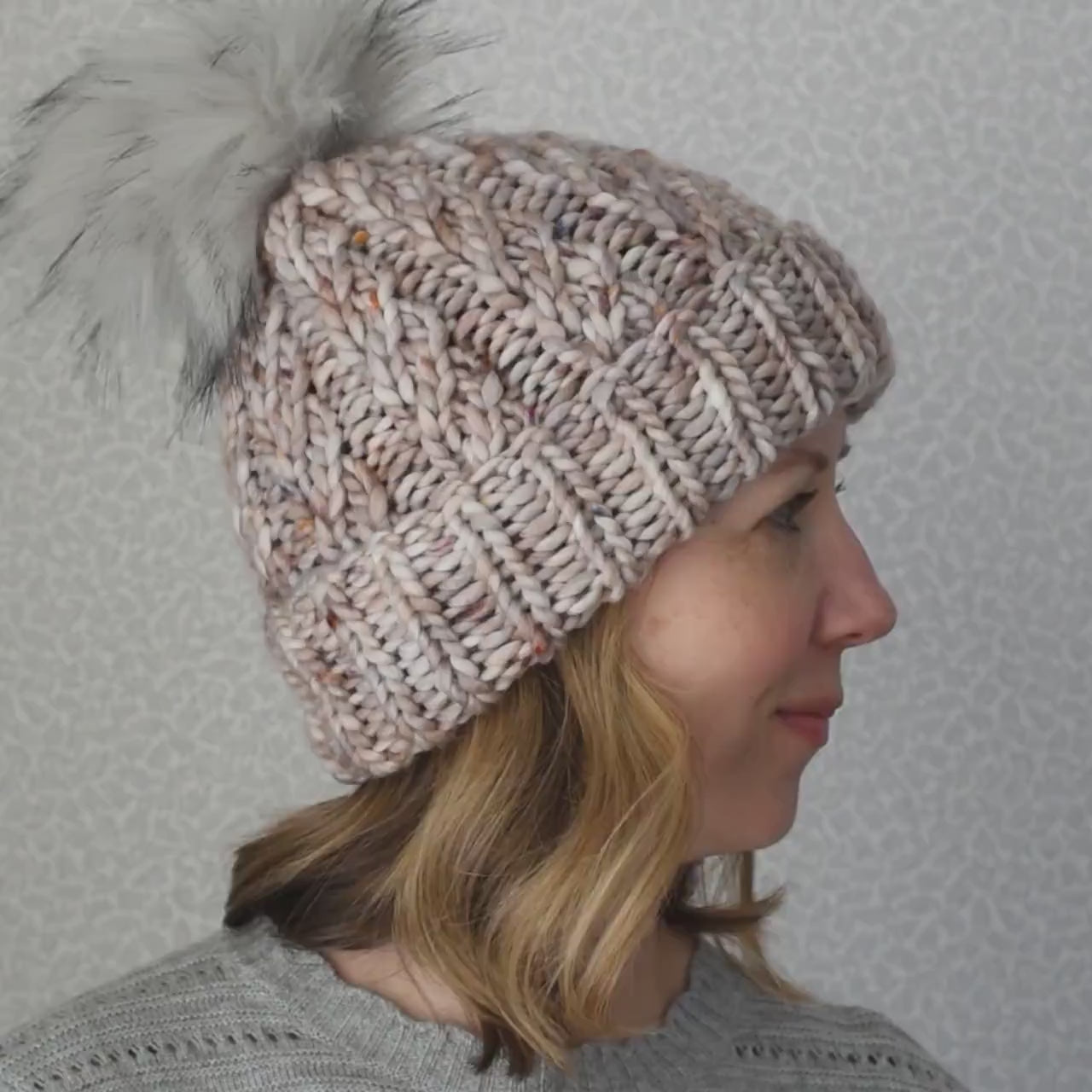 Brown Multi-Color Merino Wool Knit Hat with Faux Fur Pom Pom