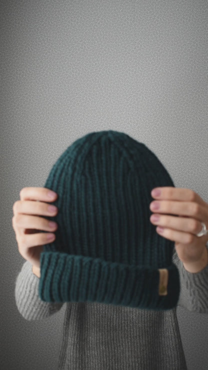 Forest Green Merino Wool Hand Knit Ribbed Beanie