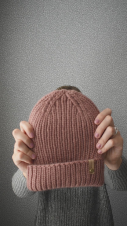 Beige Merino Wool Hand Knit Ribbed Beanie