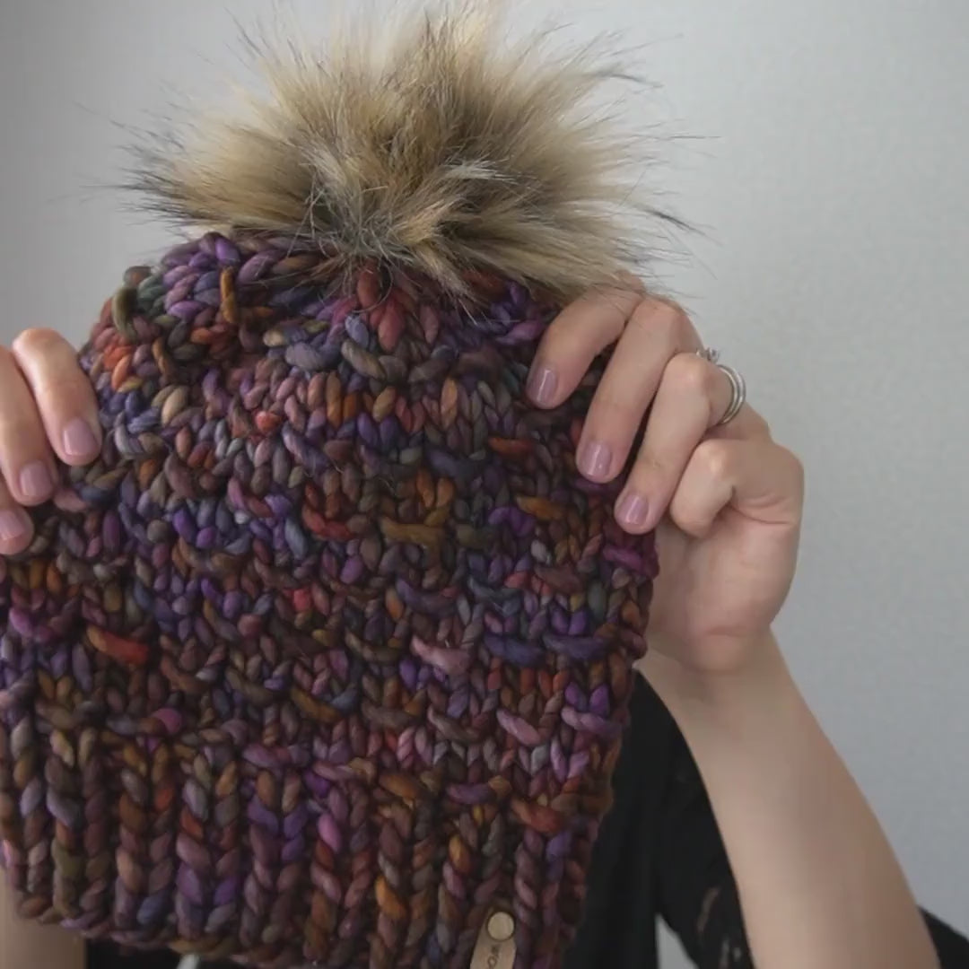 Purple Merino Wool Knit Hat with Faux Fur Pom Pom – Woolly Bear Knits