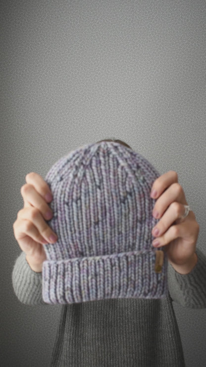 Purple Speckle Merino Wool Hand Knit Ribbed Beanie