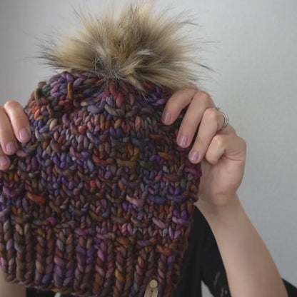 Brown Multi-Color Merino Wool Knit Hat with Faux Fur Pom Pom