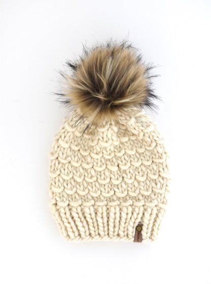 Ivory Peruvian Wool Knit Hat with Faux Fur Pom Pom