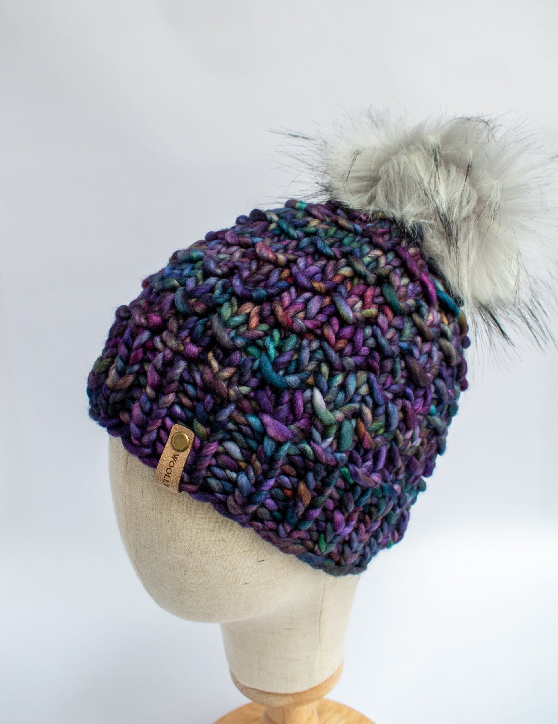 Purple Multi-Color Merino Wool Knit Hat with Faux Fur Pom Pom