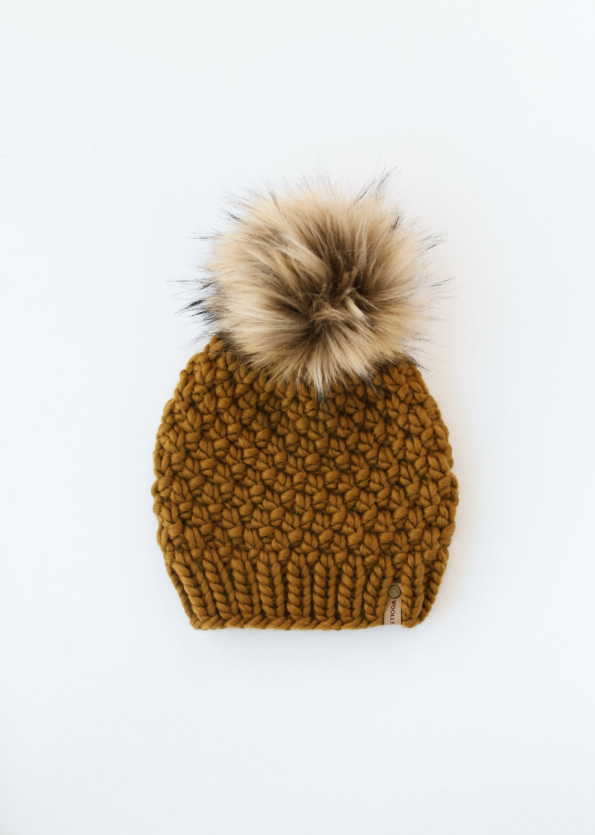Bronzed Olive Peruvian Wool Knit Hat with Faux Fur Pom Pom