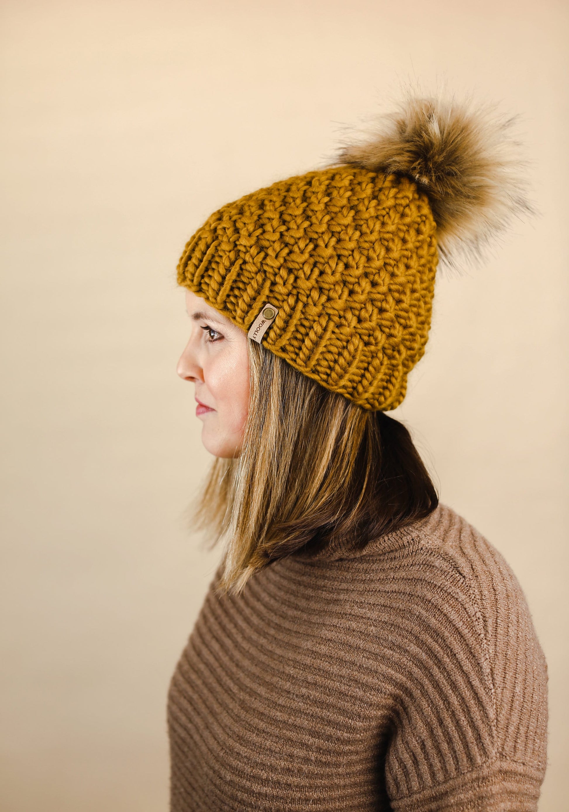 Mustard Hand Knit Wool Hat with Pom Pom