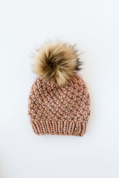 Pink Hand Knit Wool Hat with Pom Pom