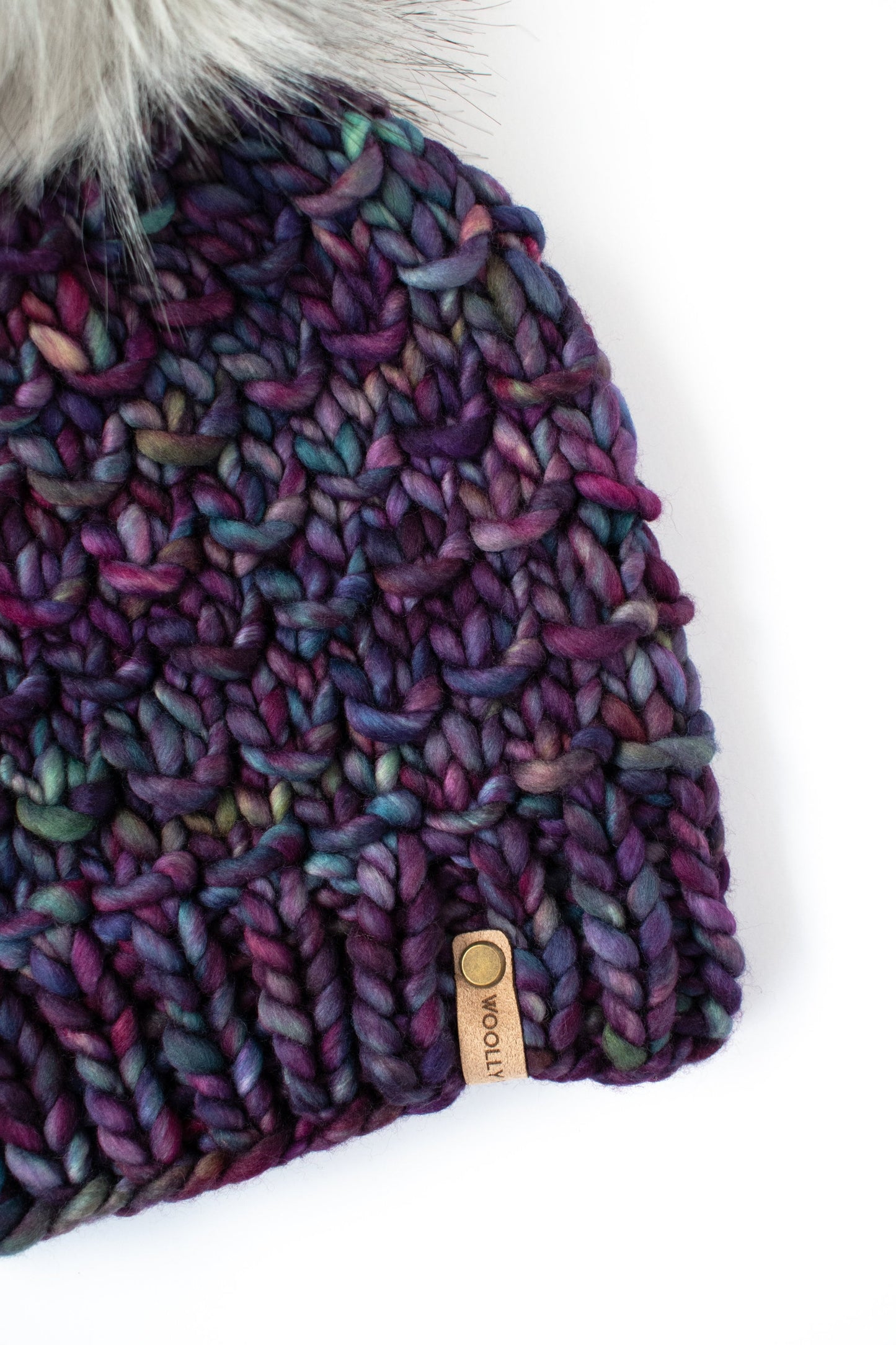 Purple Multi-Color Merino Wool Knit Hat with Faux Fur Pom Pom