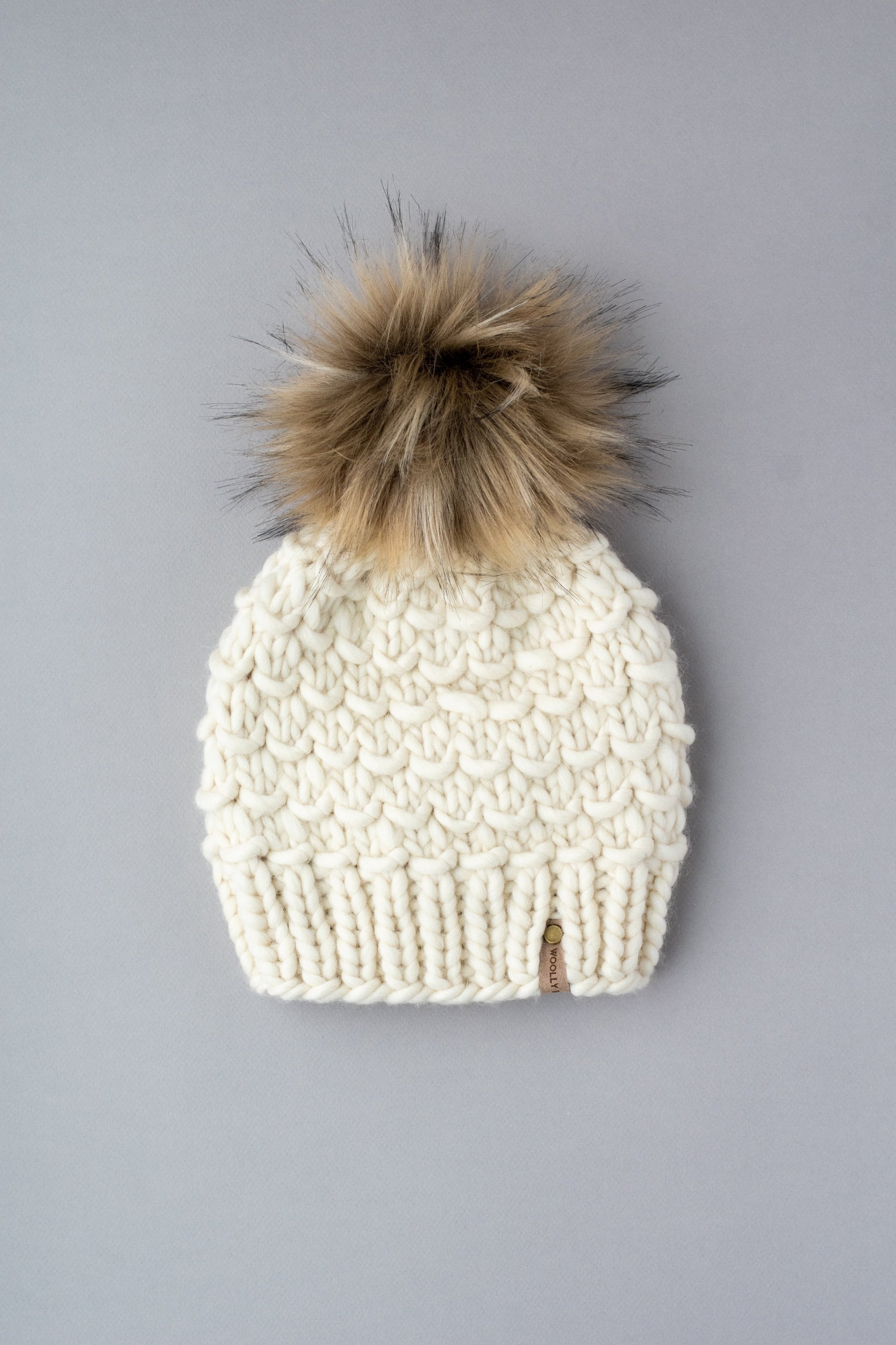 Ivory Hand Knit Wool Hat with Pom Pom