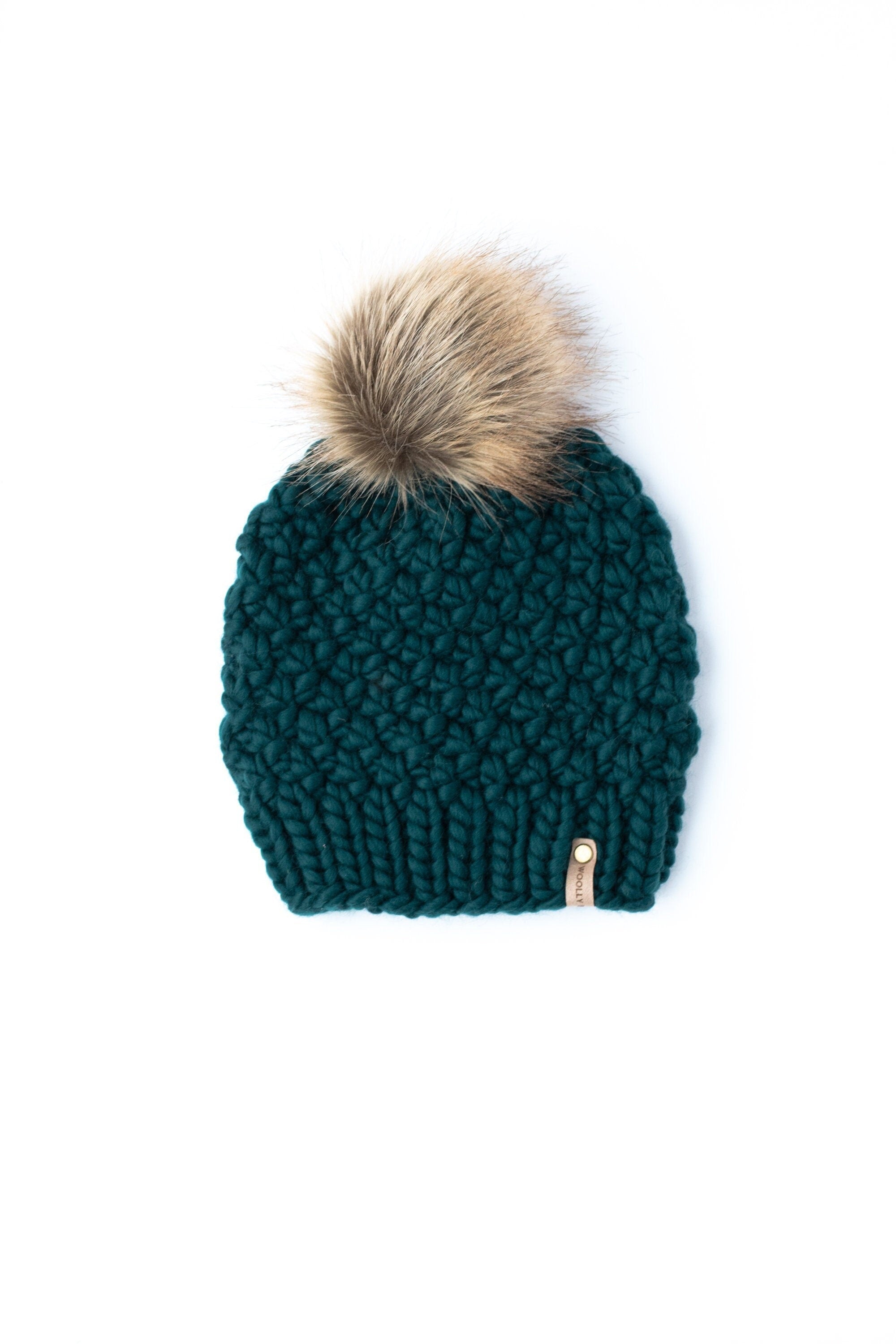 Handknit Chunky Brim Beanie w/Faux Fur Pom-Green/Cream 2024