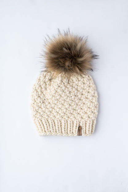 Ivory Hand Knit Wool Hat with Pom Pom