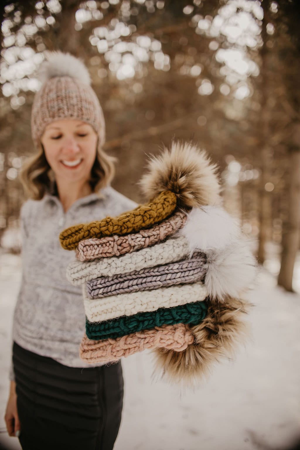 Pearl Gray Merino Wool Knit Hat with Faux Fur Pom Pom