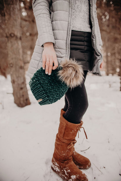Forest Green Peruvian Wool Knit Hat with Faux Fur Pom Pom