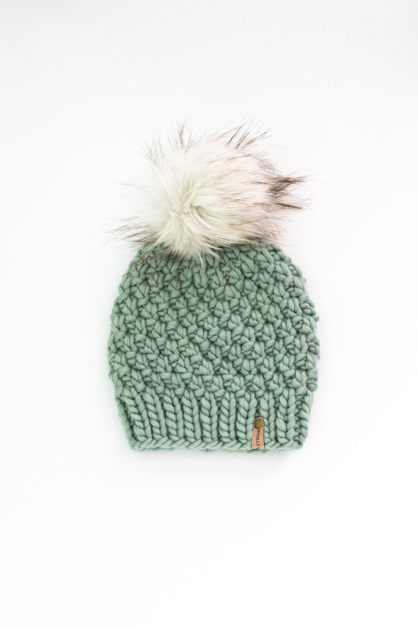 Sage Green Hand Knit Wool Hat with Pom Pom