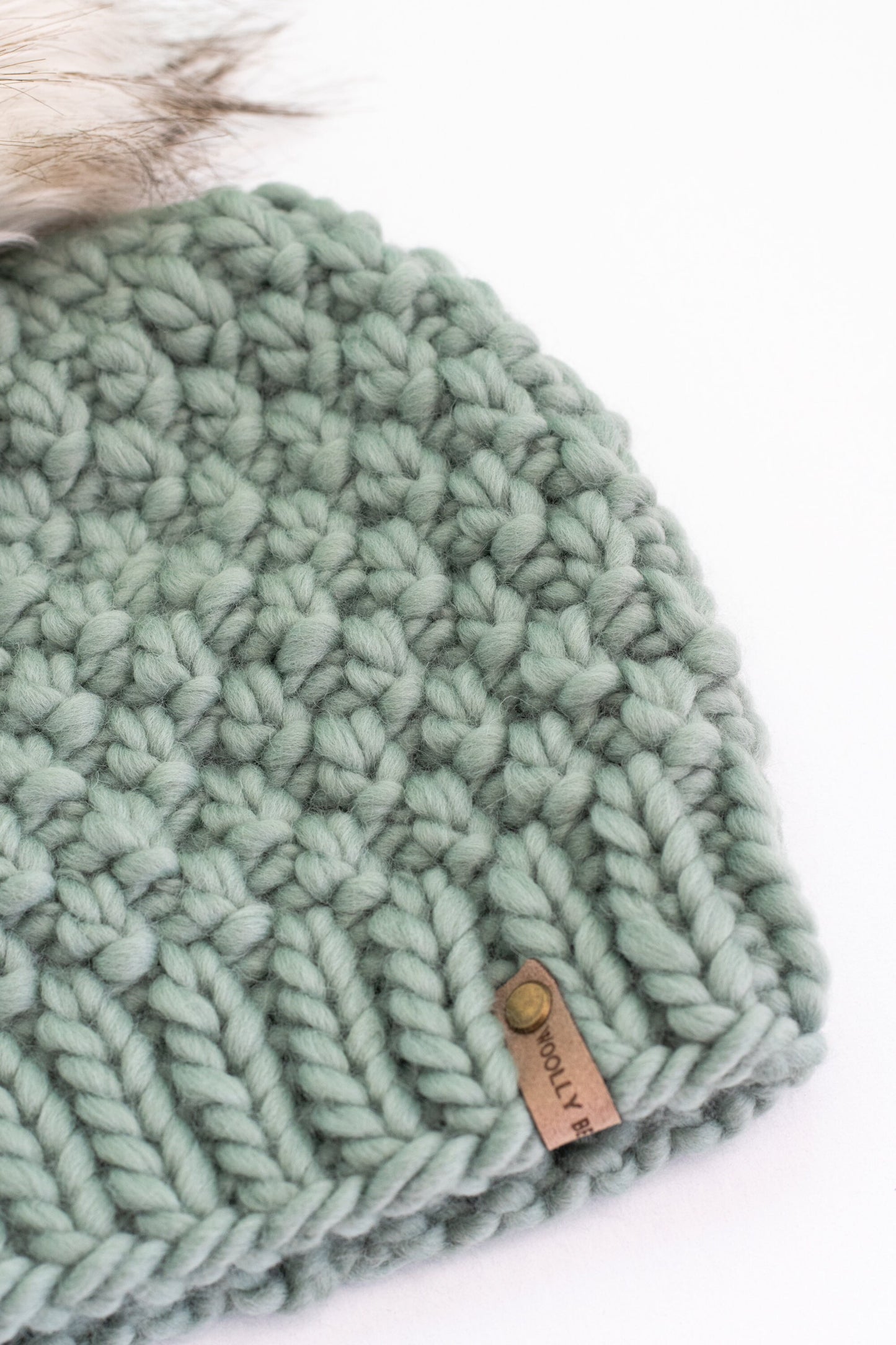 Sage Green Peruvian Wool Knit Hat with Faux Fur Pom Pom