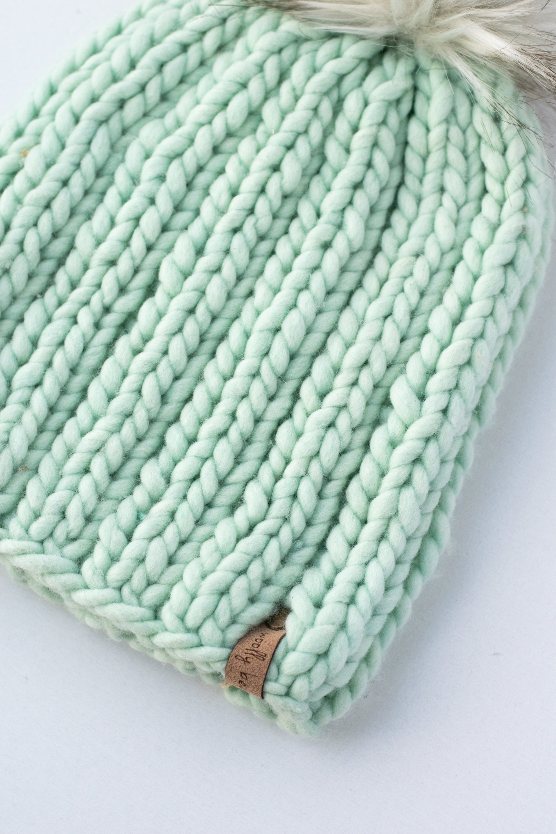 Mint Green Merino Wool Knit Hat with Faux Fur Pom Pom