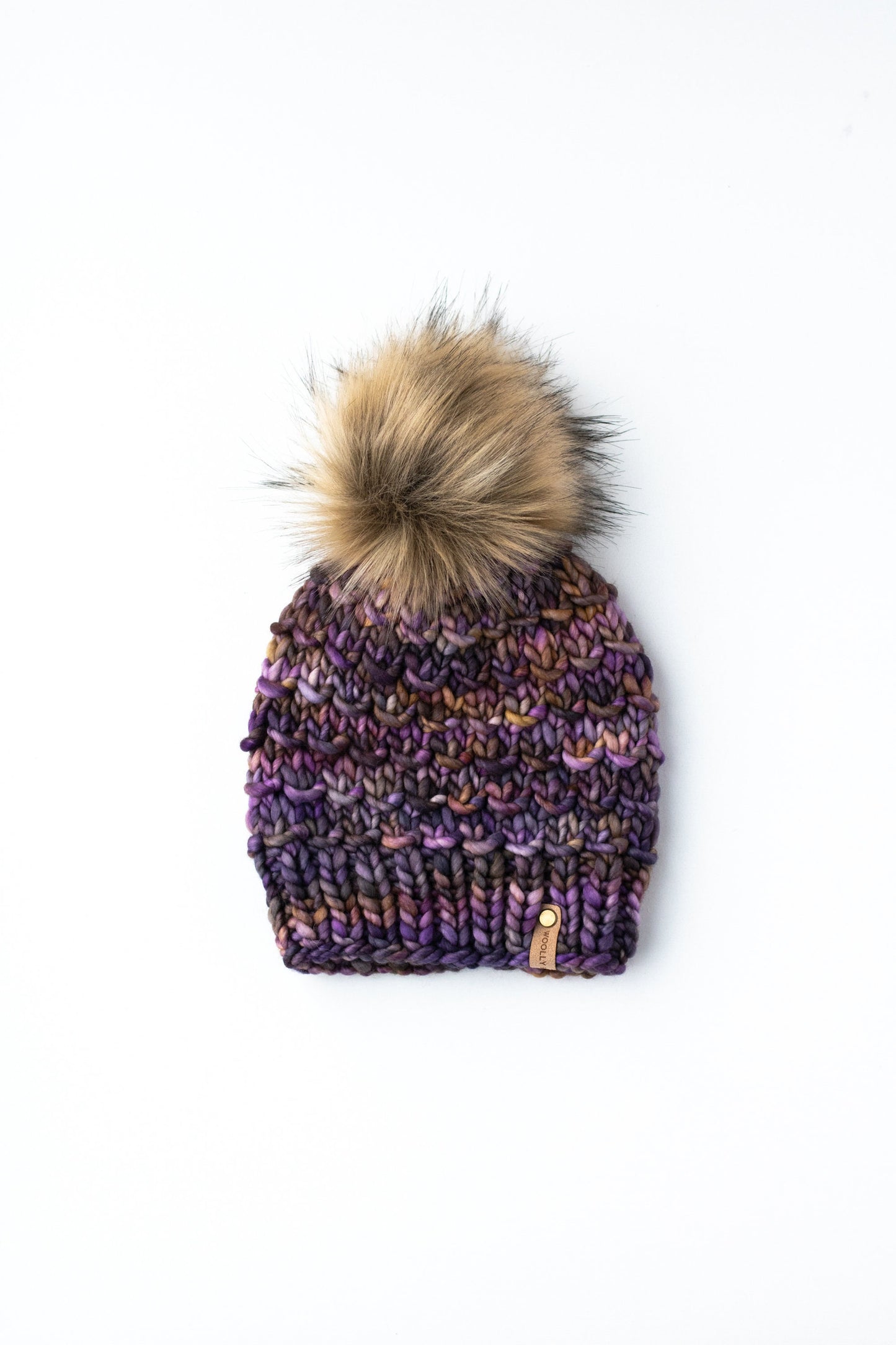 Purple Merino Wool Knit Hat with Faux Fur Pom Pom