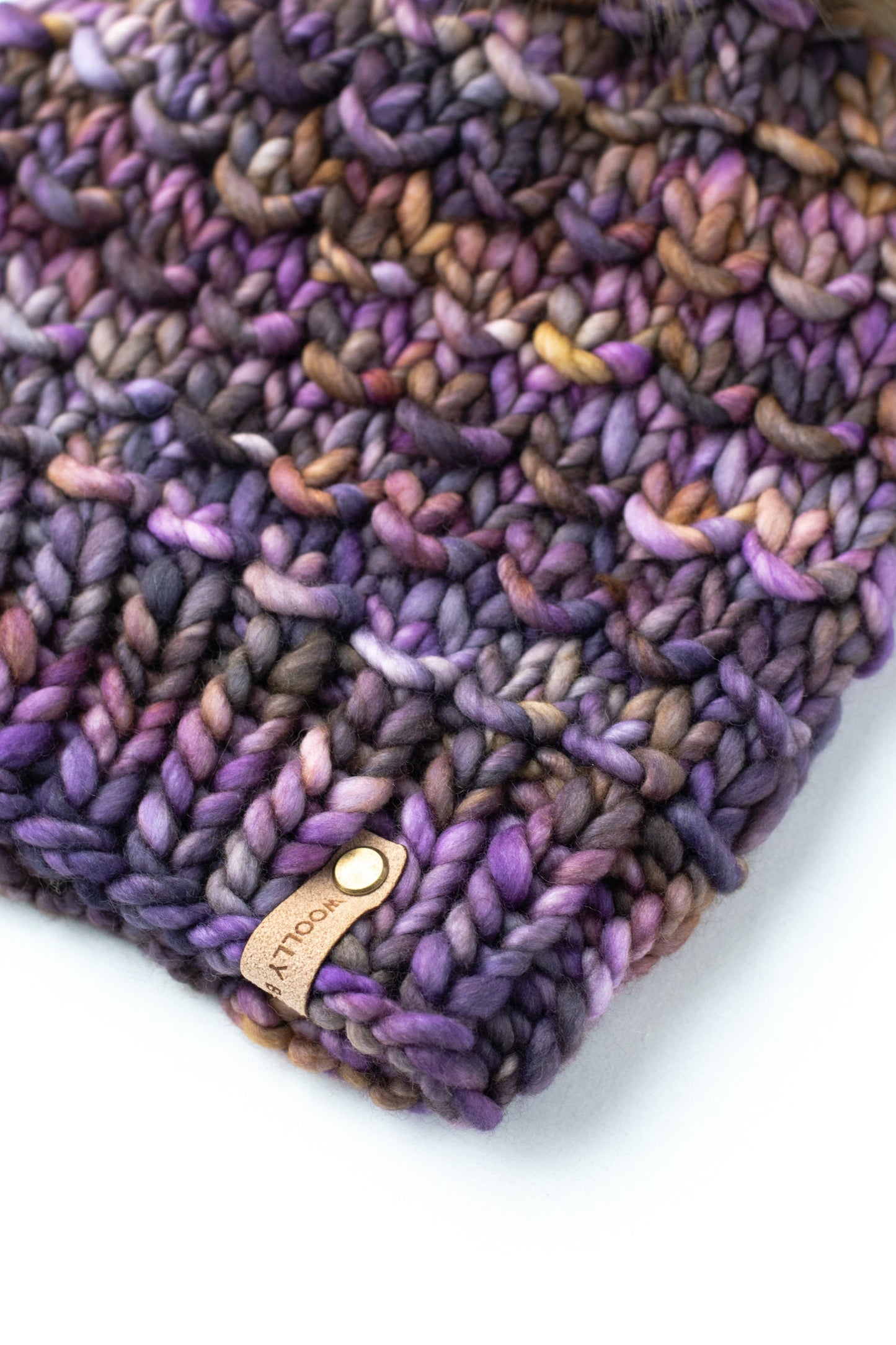 Purple Merino Wool Knit Hat with Faux Fur Pom Pom