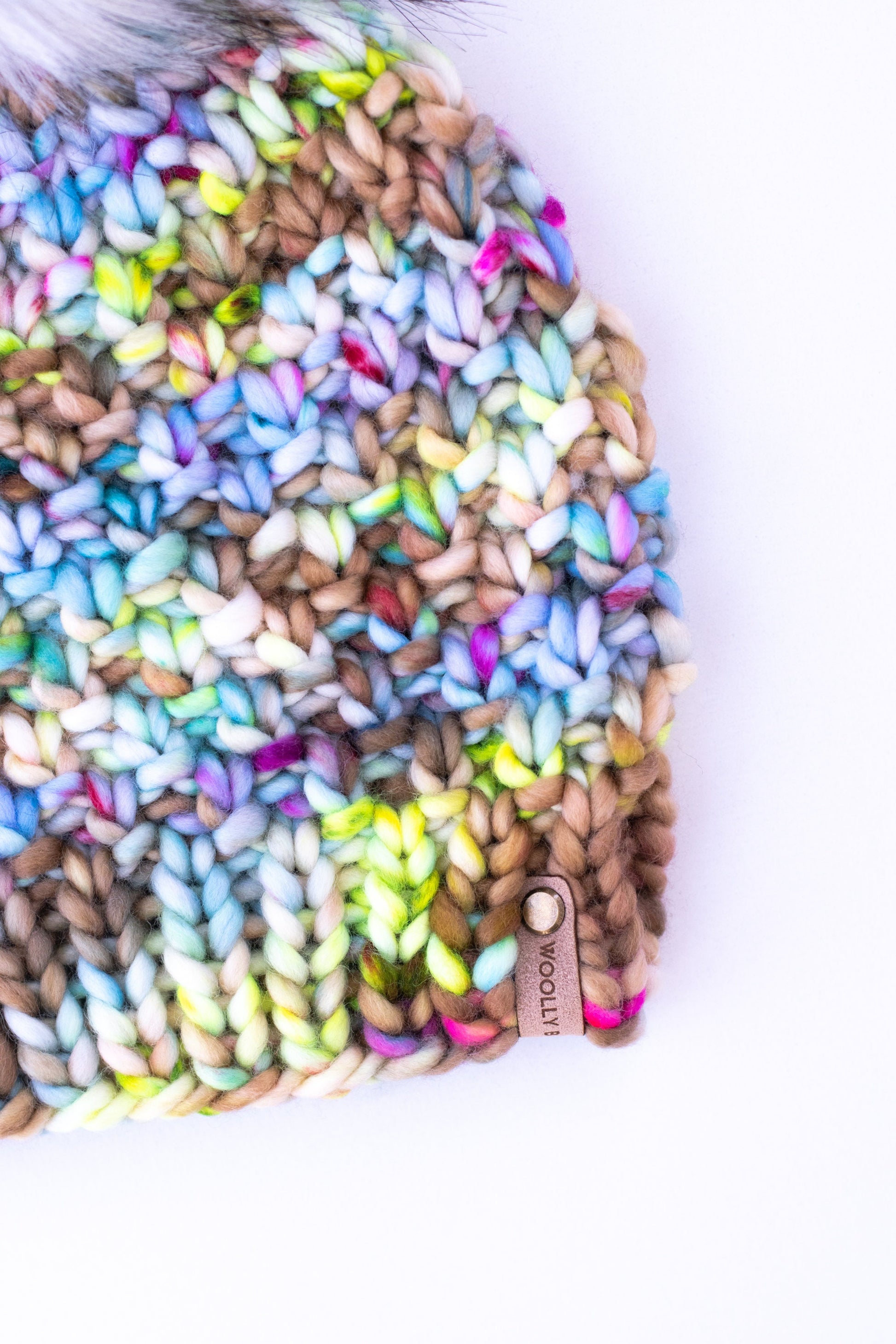 Rainbow Merino Wool Knit Hat with Faux Fur Pom Pom