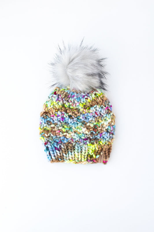 Rainbow Merino Wool Knit Hat with Faux Fur Pom Pom