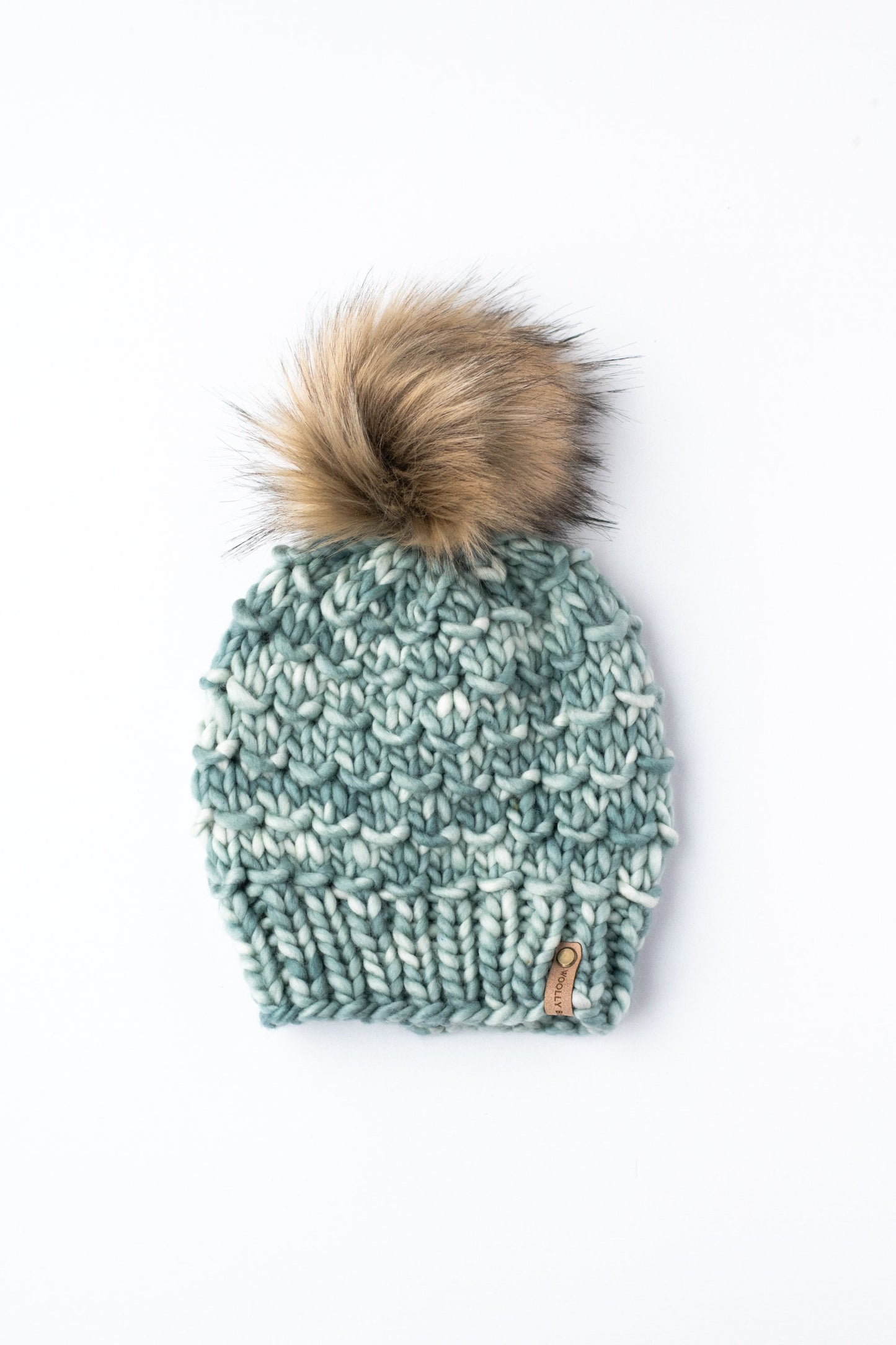 Turquoise Green Merino Wool Knit Hat with Faux Fur Pom Pom