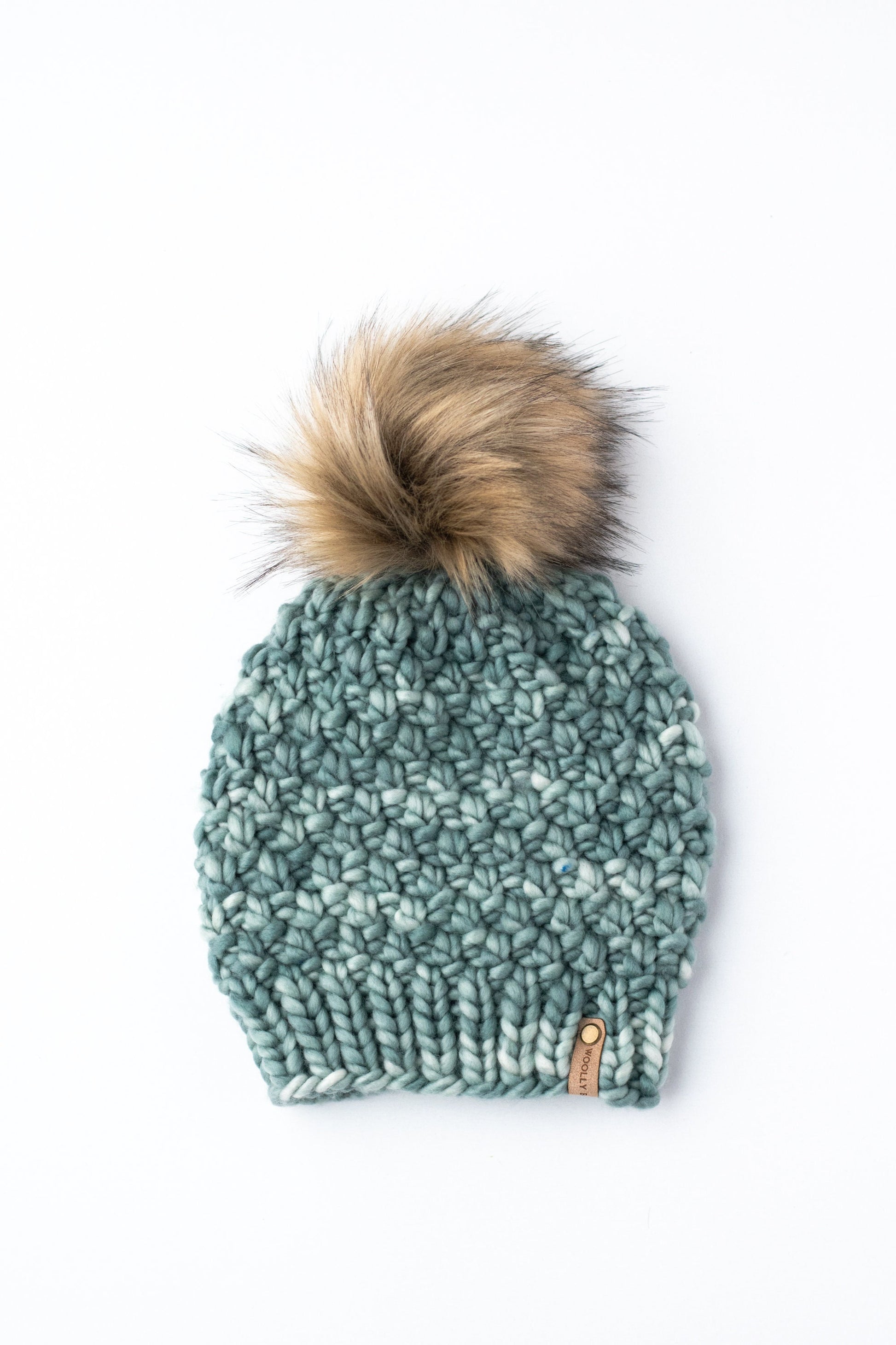 Turquoise Green Merino Wool Knit Hat with Faux Fur Pom Pom