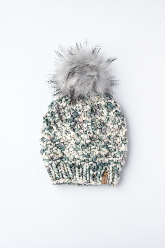 Ivory Green and Gray Speckle Merino Wool Knit Hat with Faux Fur Pom Pom