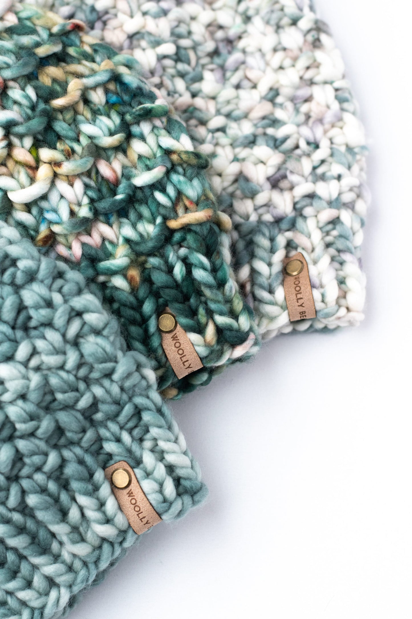 Ivory Green and Gray Speckle Merino Wool Knit Hat with Faux Fur Pom Pom