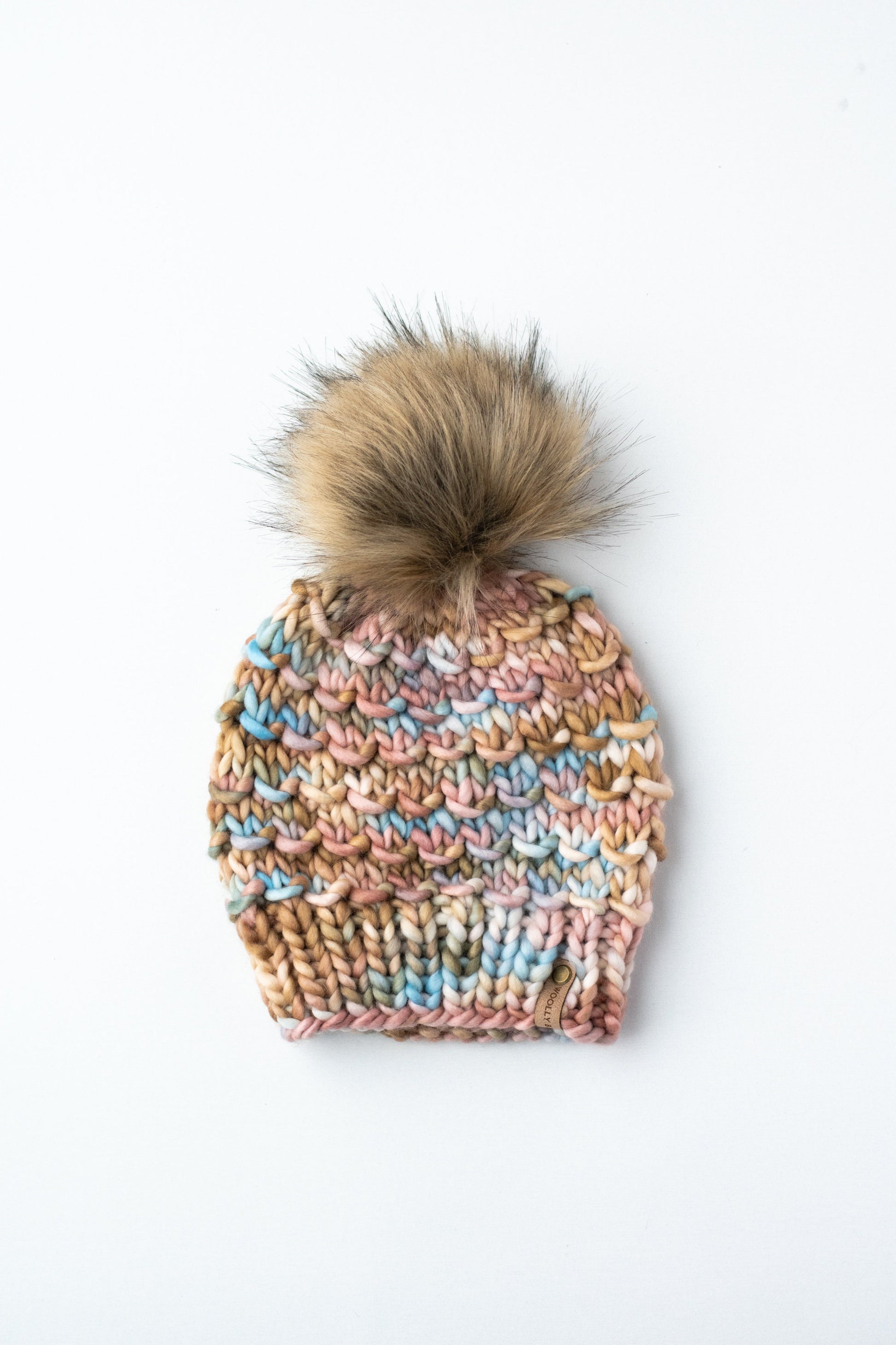Copper and Blue Merino Wool Knit Hat with Faux Fur Pom Pom