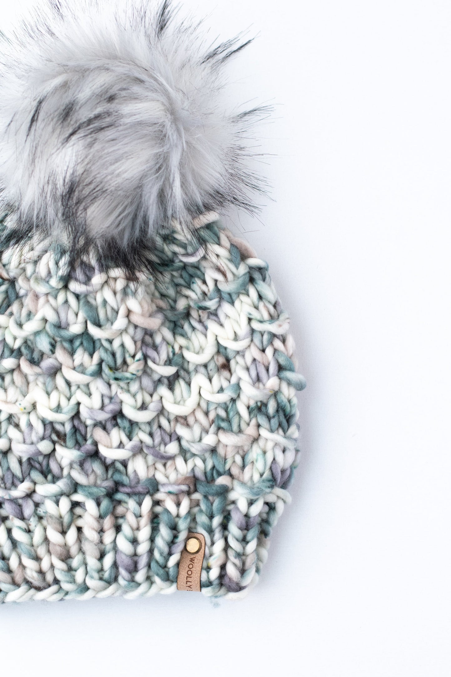 Ivory Green and Gray Speckle Merino Wool Knit Hat with Faux Fur Pom Pom