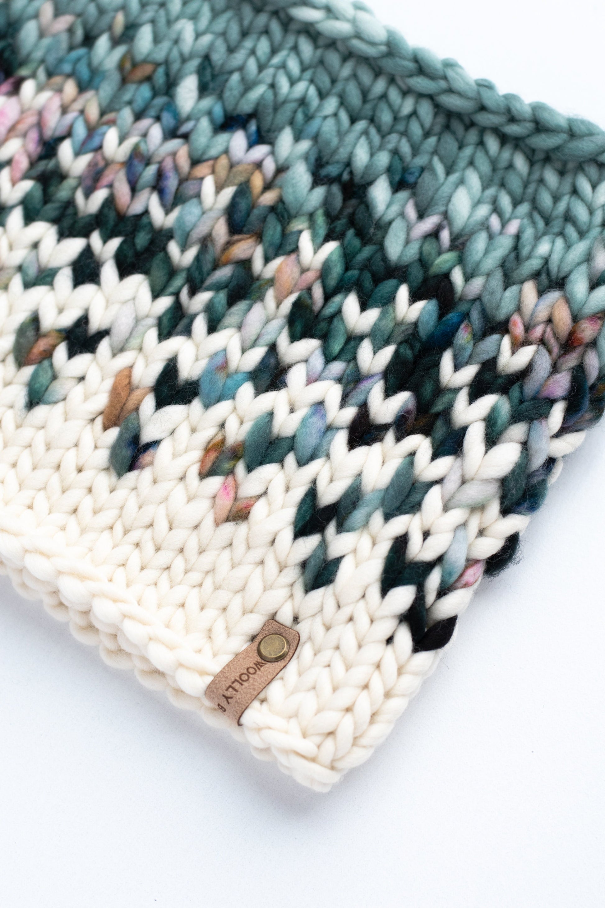 Turquoise and Ivory Merino Wool Fair Isle Hand Knit Cowl