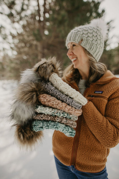 Blush Pink Peruvian Wool Knit Hat with Faux Fur Pom Pom