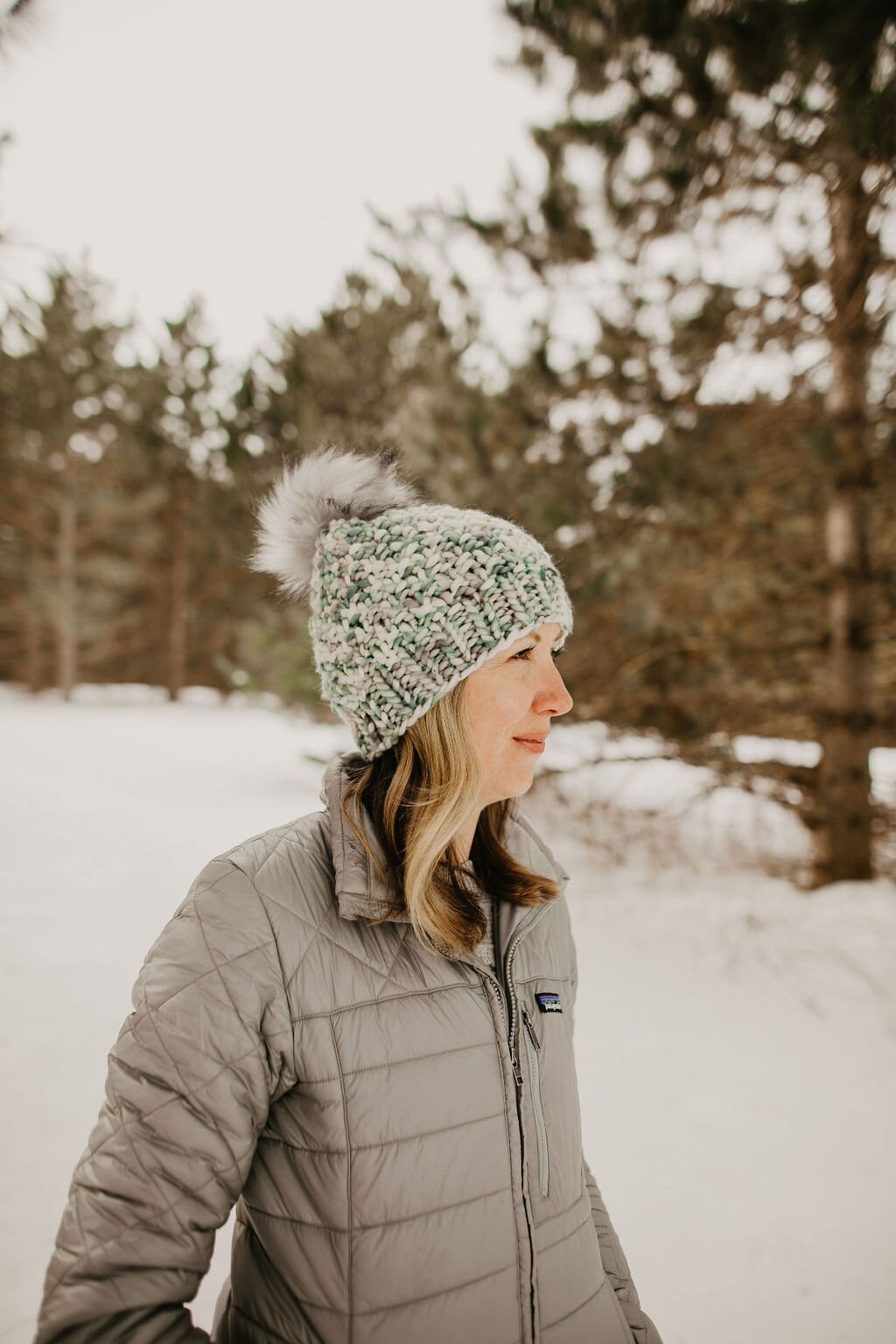 Ivory Green and Gray Speckle Merino Wool Knit Hat with Faux Fur