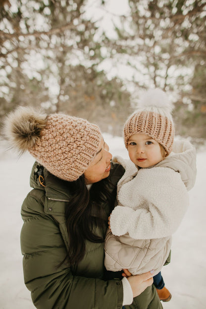 Blush Pink Peruvian Wool Knit Hat with Faux Fur Pom Pom