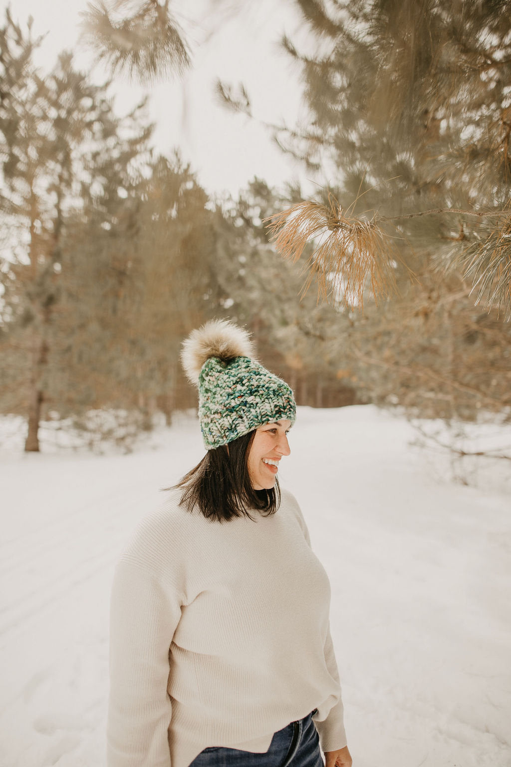 Forest Green Speckle Merino Wool Knit Hat with Faux Fur Pom Pom
