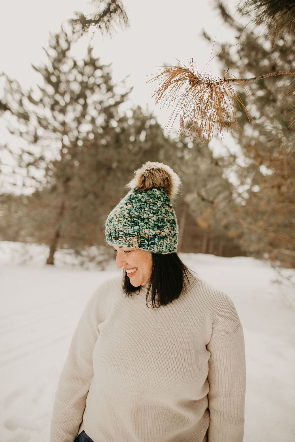 Forest Green Speckle Merino Wool Knit Hat with Faux Fur Pom Pom