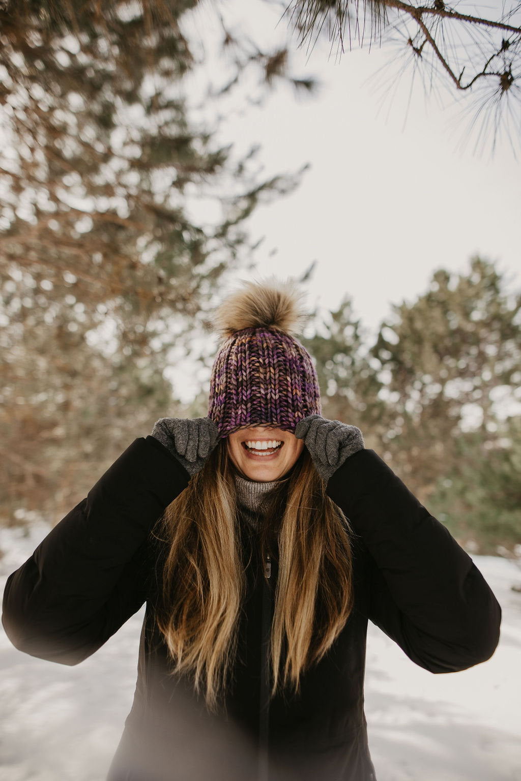 Merino Wool Knit Hat authentic with Faux Fur Pom Pom - Adult